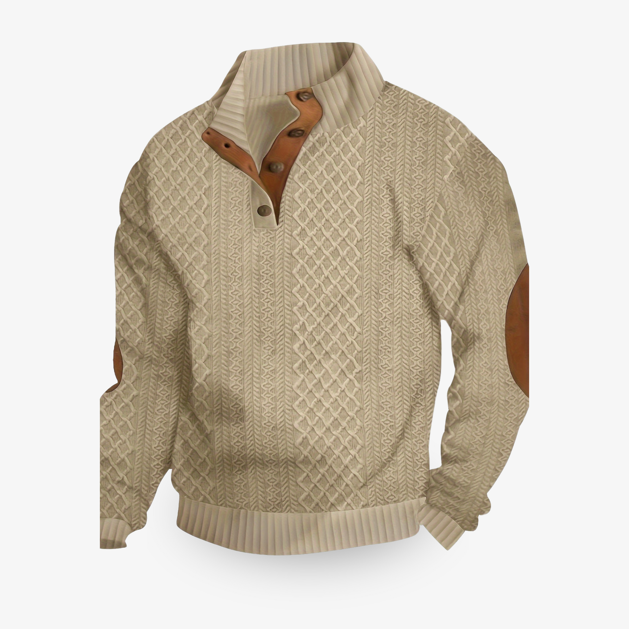Beige strikket sweater med læderlapper på albuerne