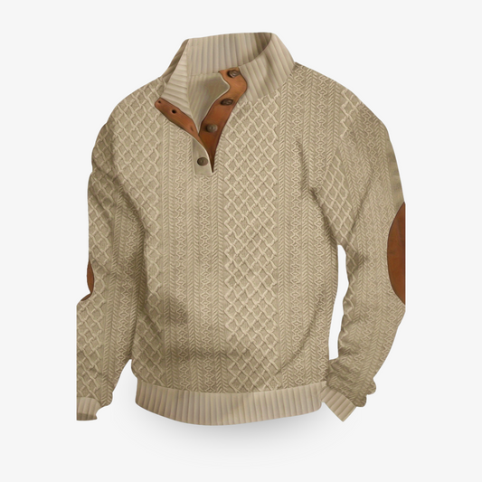 Beige strikket sweater med læderlapper på albuerne