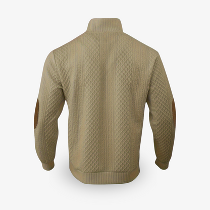 Beige strikket sweater med læderlapper på albuerne