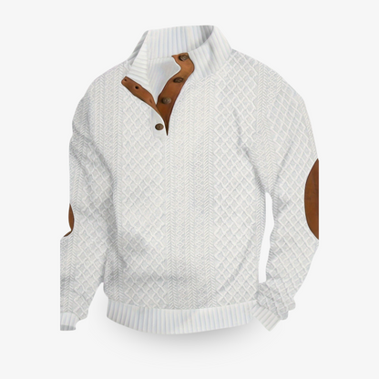 Beige strikket sweater med læderlapper på albuerne
